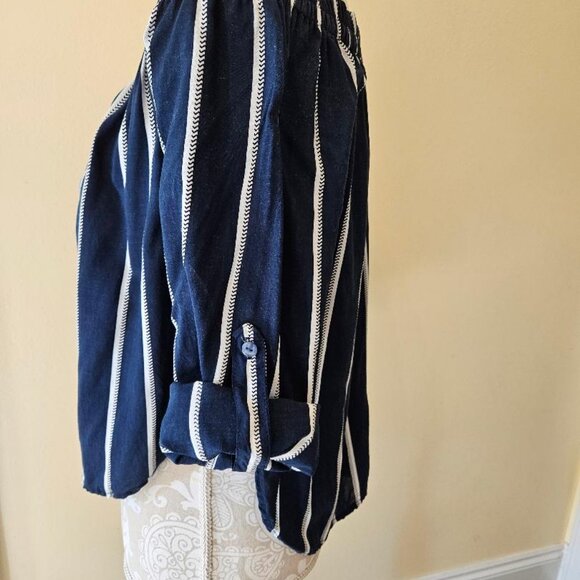 Women`s FAITHFULL THE BRAND striped navy and white off the shoulder Blouse - Picture 7 of 9